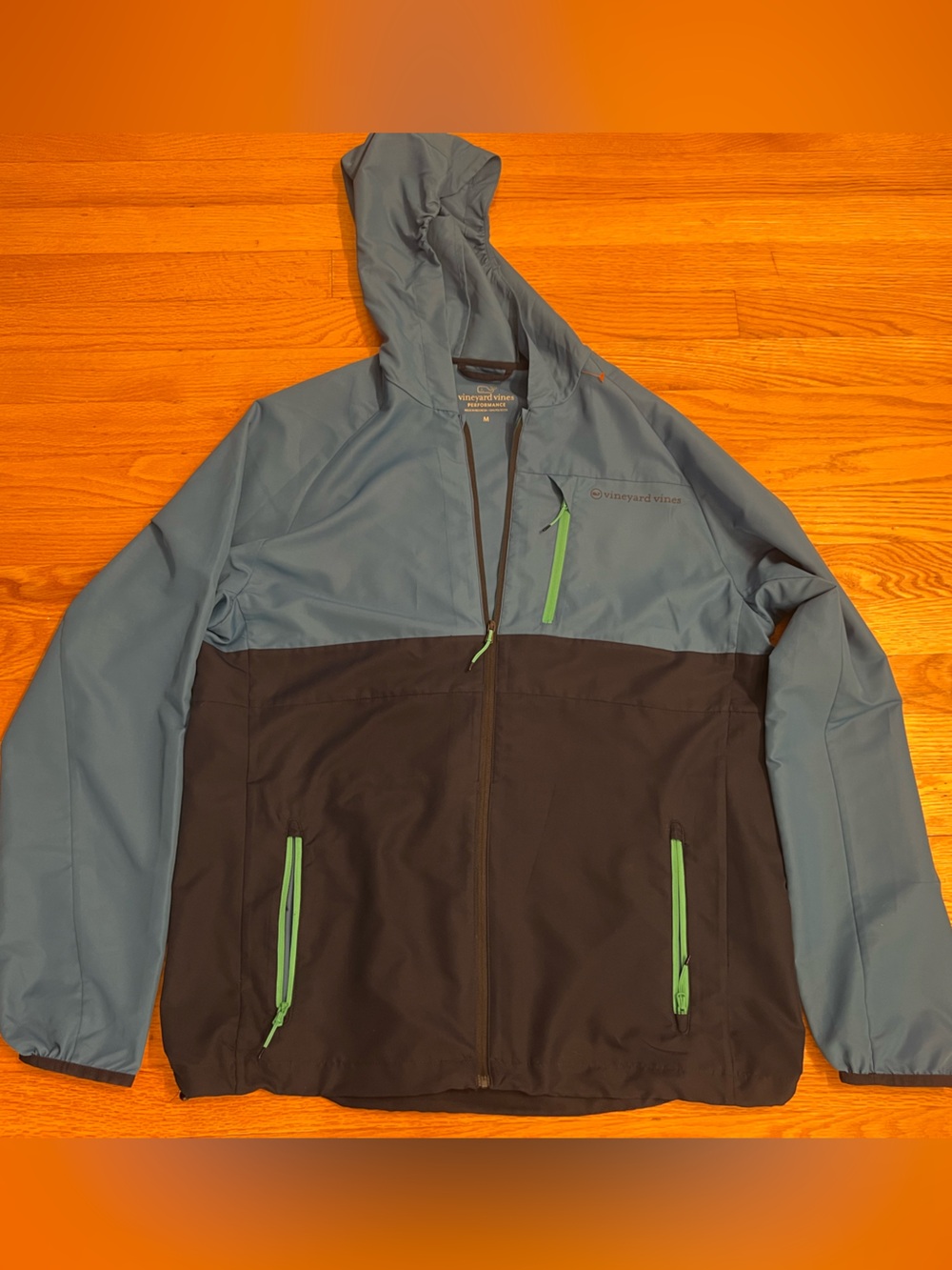 Vineyard Vines Two-Tone Black and Blue Rain Jacket with Green Zippers